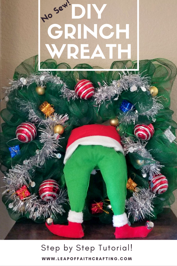 DIY mesh grinch wreath with legs sticking out